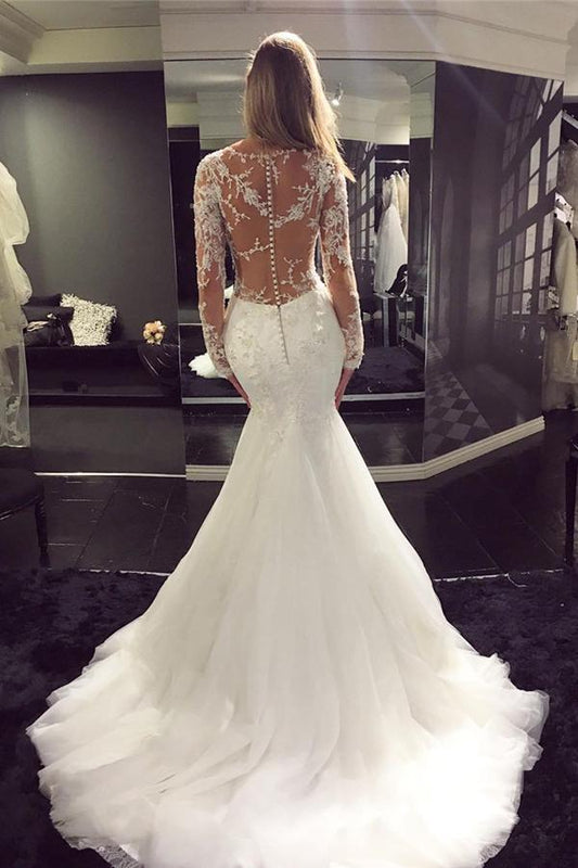 White Tulle Scoop Neck Long Sleeve Mermaid Wedding Dress, WD2306279