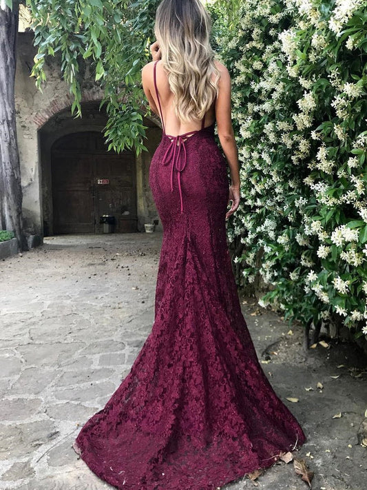 Spaghetti Straps Trumpet Mermaid Maroon Burgundy Lace Off-the-Shoulder Prom Dress Formal Dress Bridesmaid Dress, BD2306225