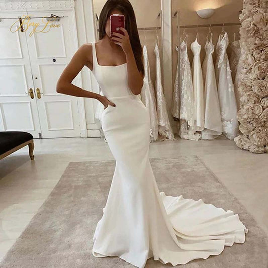 Satin Mermaid Wedding Dress with Square Neck and Train, WD2404125
