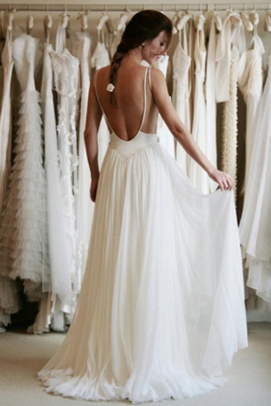 Simple Chiffon with Spaghetti Straps and Backless Lace Wedding Dress, WD2305205