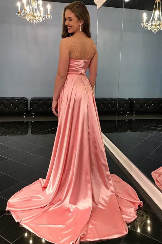 Pink Side Slit A-Line V Neck Elastic Satin Prom Dress, PD2306264