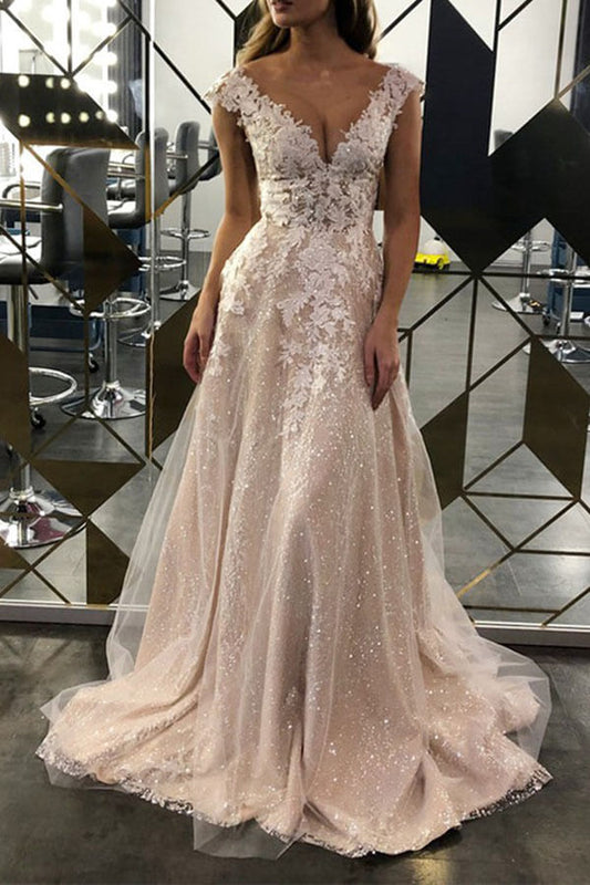 Lace A-line V-neck Sleeveless Sweep Train Bridal Gown, WD2401297