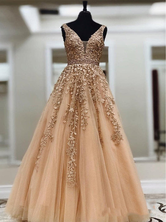 Champagne A-Line Applique Beaded V Neck Sleeveless Tulle Prom Dresses, PD2310035