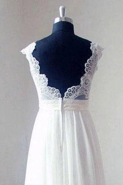 Ivory Chiffon V-neck Beach Wedding Dress with Sweep Train, WD2306271
