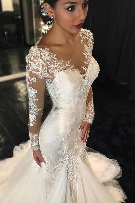 Elegant Long Sleeve See-Through Lace Wedding Dress, WD2305042