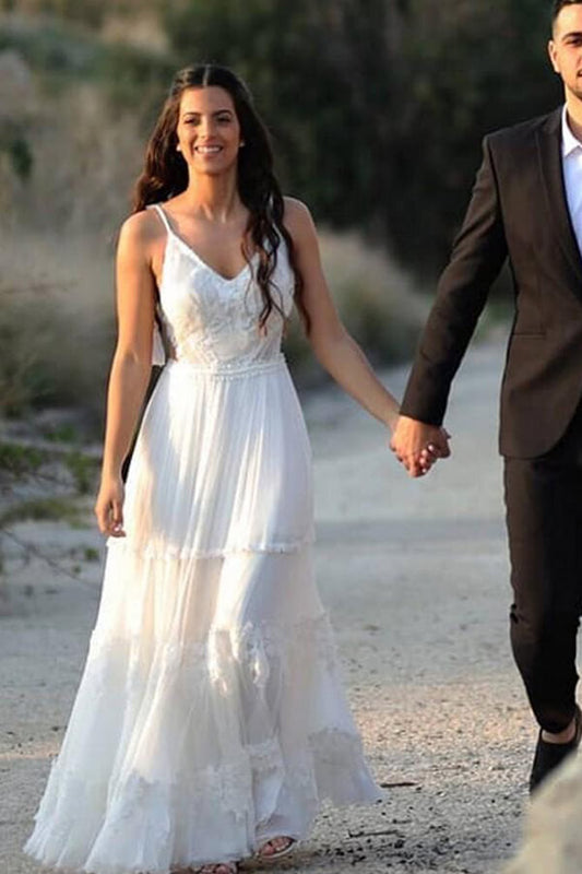 V-neck Lace Ivory Chiffon A-line Beach Wedding Gown, WD2308229