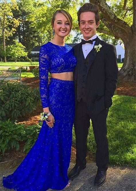 Royal Blue Sheath Long Sleeves Lace Two-Piece Prom Dress, PD2310072