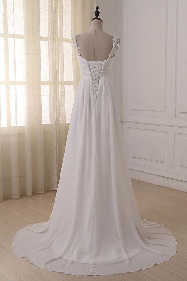 Simple White Chiffon V Neck Straps Wedding Dress with Sweep Train, WD2306274