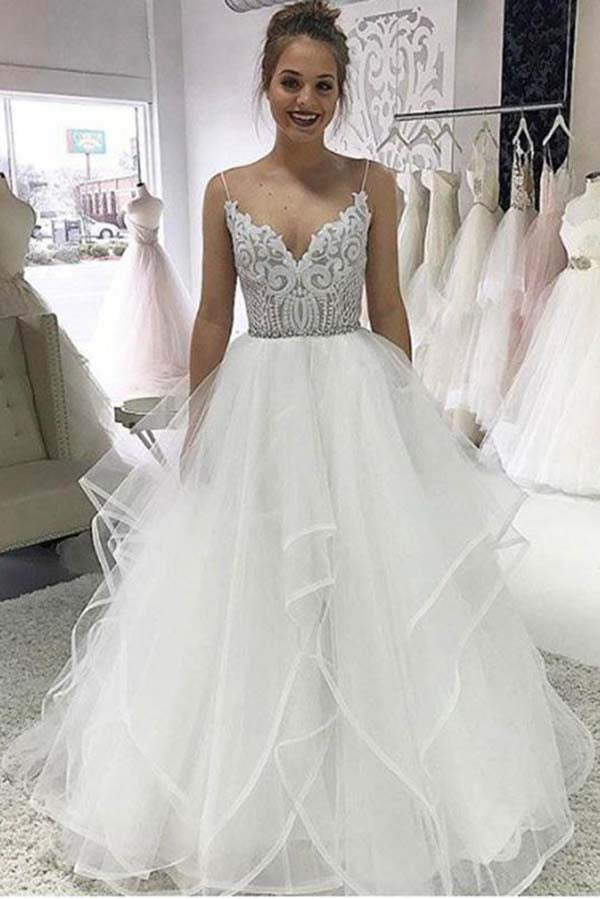 Ivory Organza Spaghetti Straps Lace Appliqued Beach Wedding Dress, WD2310194