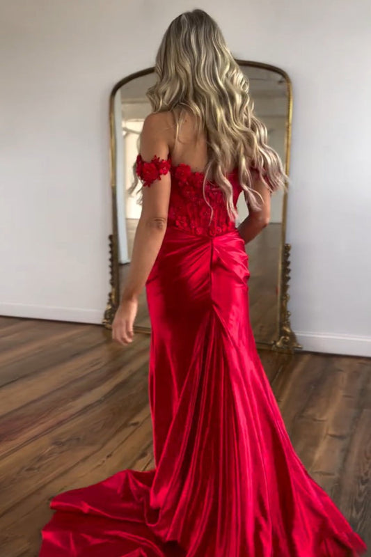 Off the Shoulder Mermaid Prom Dresses with Appliques and Slit, PD25013