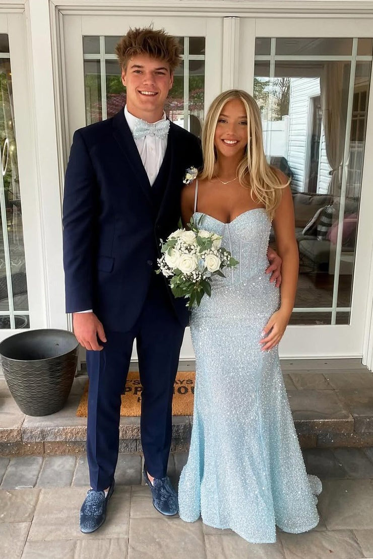 blue strap prom dress Light Sky Blue Sequins Mermaid Straps Prom Dress