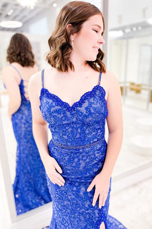 V Neck Royal Blue Lace Mermaid Long Prom Dress with Slit, PD25140