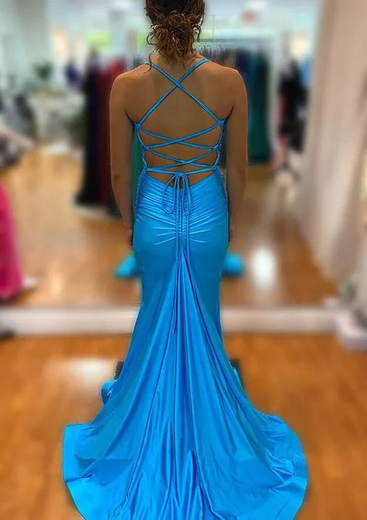 Blue Satin Mermaid V Neck Cute Long Slit Prom Dress Party Dresses, PD25334