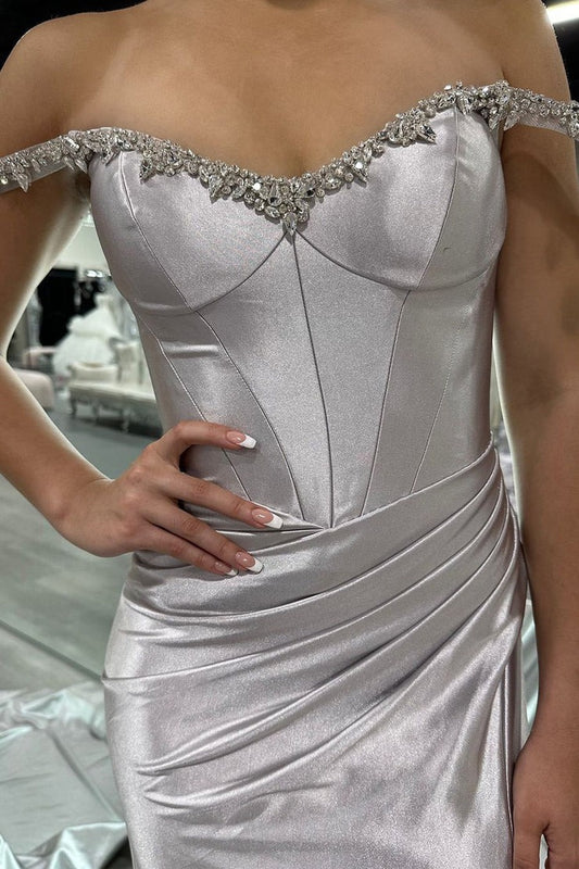 Off the Shoulder Silver Satin Mermaid Long Prom Dress with Slit, PD25132