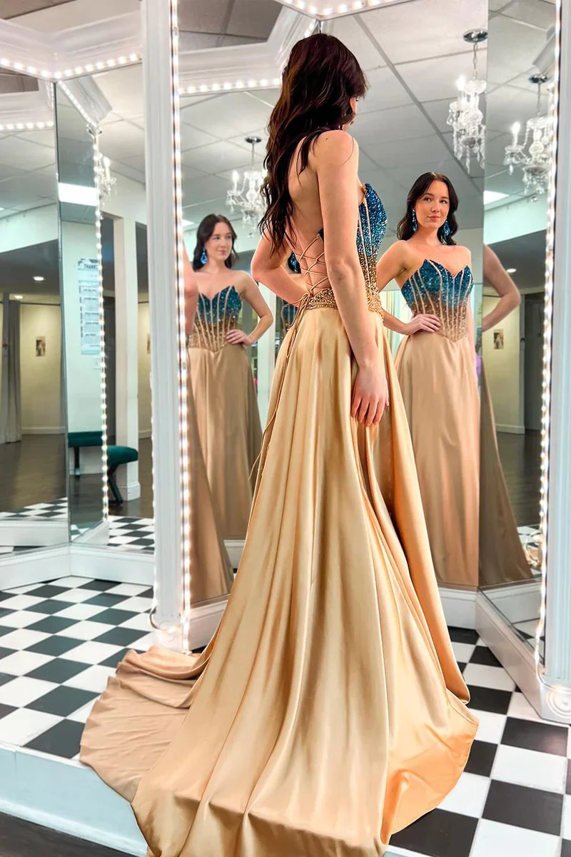Elegant Strapless Prom Dresses in Gold - Beaded A-line | JLDressCA Elegant Strapless Prom Dresses in Gold - Beaded A-line | JLDressCA