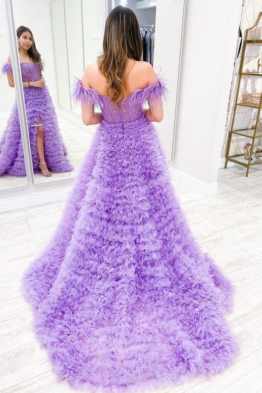 Off the Shoulder Lilac Ruffle Tiered Tulle Prom Dress with Beading, PD25122