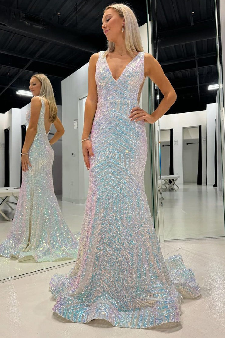 white sequin mermaid prom dress White Sequins Mermaid V-Neck Long Prom Dress