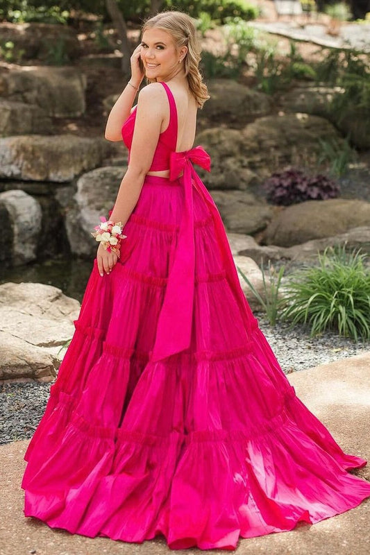 V Neck Two Piece Pink Ruffle Tiered Long Prom Dress, PD25113
