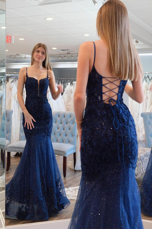 Mermaid Glitter Navy Blue Sequins Long Prom Dress with Appliques, PD25177