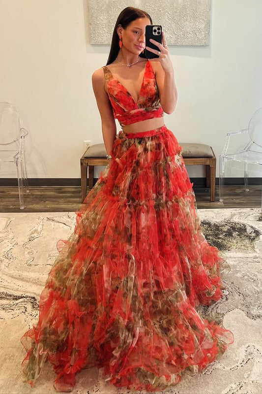 Floral Printed Two Piece V Neck Long Prom Dress, PD25320