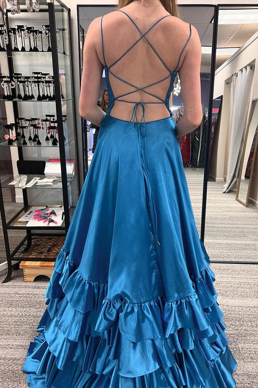 Peacock Blue Ruffle A-Line Scoop Neck Long Prom Dress, PD25282
