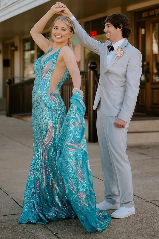 Blue Sequin Mermaid V Neck Long Prom Dress, PD25342