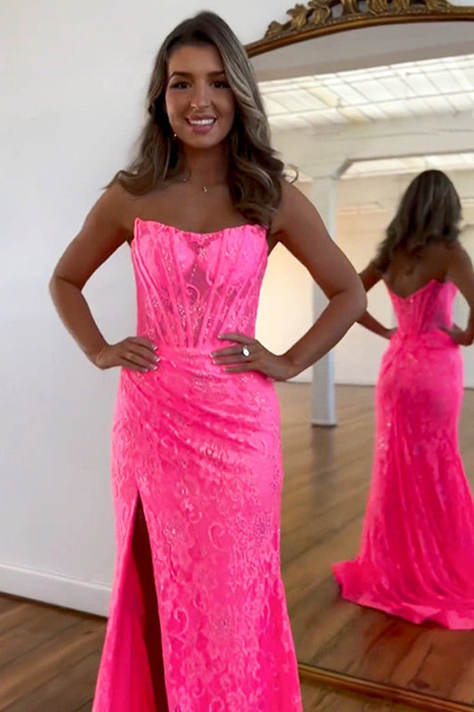 Strapless Mermaid Pink Lace Long Prom Dress with Slit, PD25099