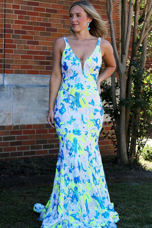 Long V Neck Sequins Lace Mermaid Prom Dresses, PD25007