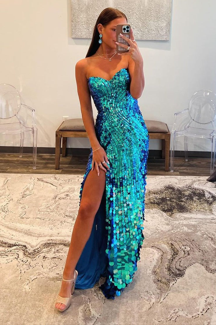 blue prom dress mermaid style Strapless Mermaid Blue Sequins Long Prom Dress