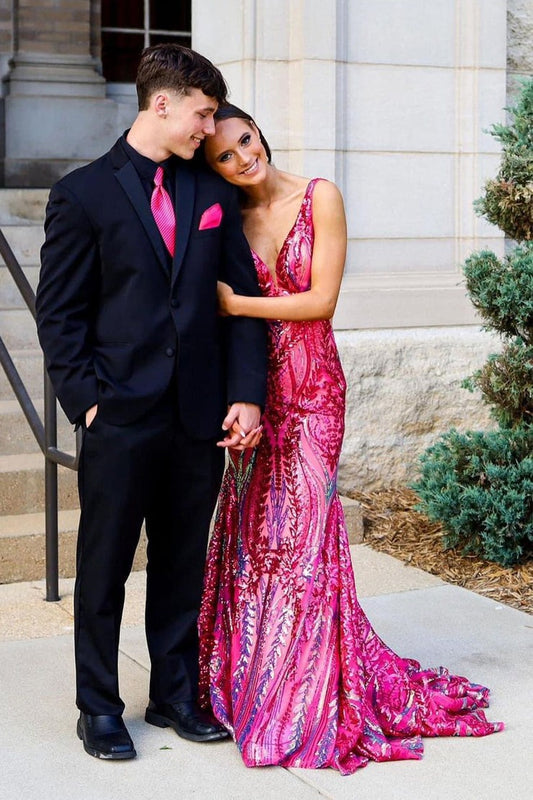 Fuchsia V Neck Sequins Lace Mermaid Long Prom Dress, PD25203
