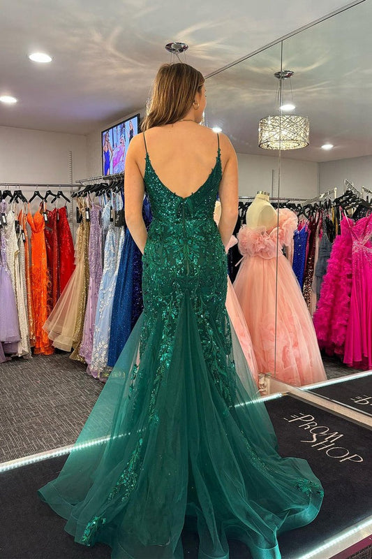 Green Sequins Lace Mermaid V Neck Long Prom Dress, PD25314
