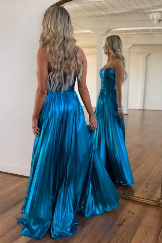 A Line Sweetheart Blue Pleat Prom Dresses with Slit, PD25009