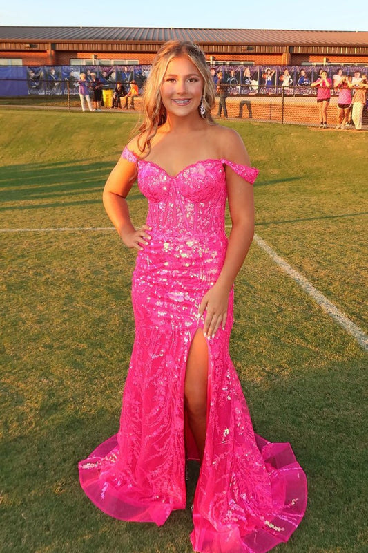 Off the Shoulder Mermaid Hot Pink Sequins Long Prom Dresses with Slit, PD25044