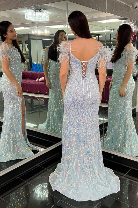 Cold Shoulder Mermaid Blue Sequins Long Prom Dress with Feather, PD25139