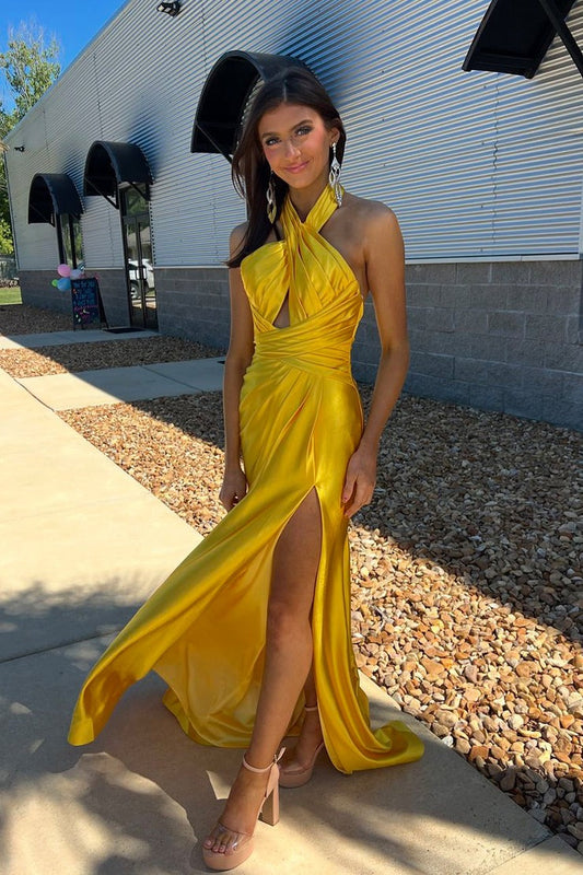 Cross Neck Mermaid Yellow Satin Long Prom Dresses with Slit, PD25058