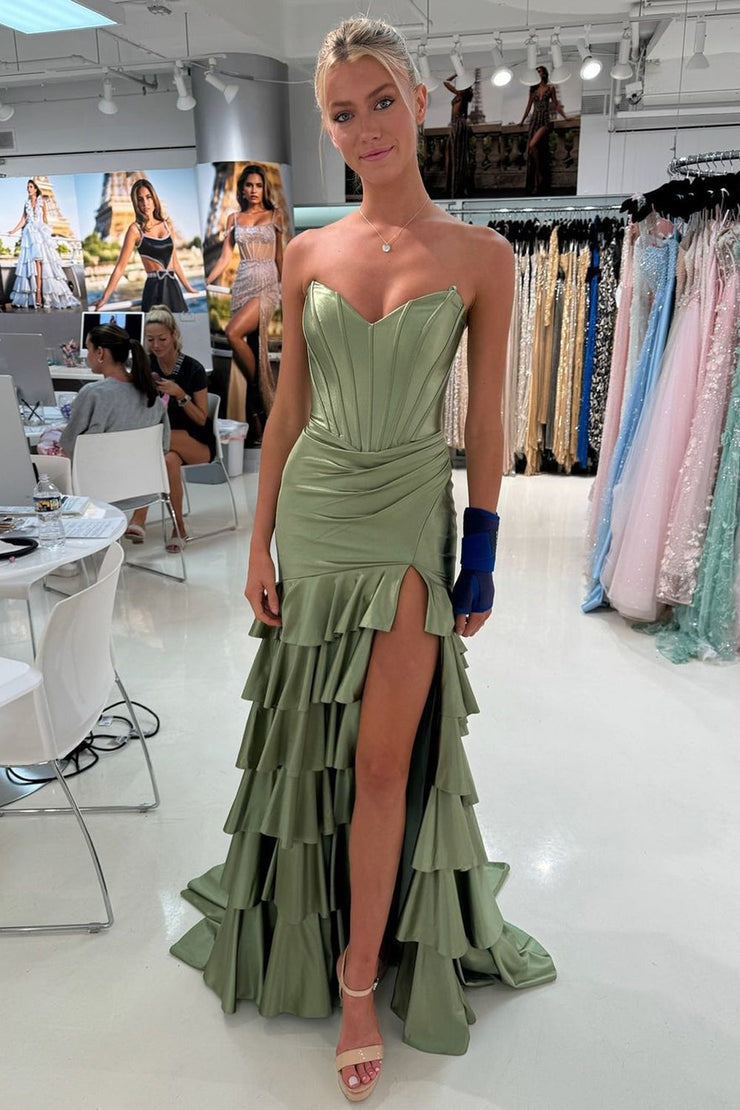 Sage Green Satin Mermaid Dress - Sweetheart Tiered Prom Dress with Slit | JLDressCA Sage Green Satin Mermaid Dress - Sweetheart Tiered Prom Dress with Slit | JLDressCA