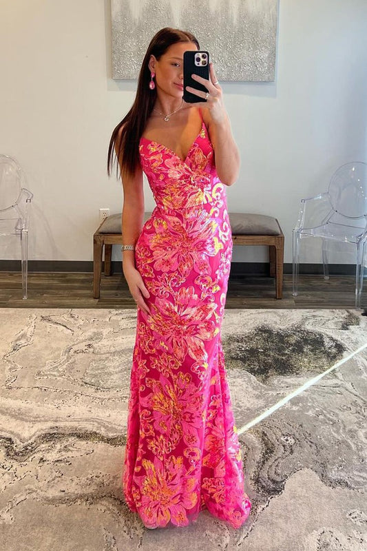 Pink V Neck Sequins Mermaid Long Prom Dress, PD25228