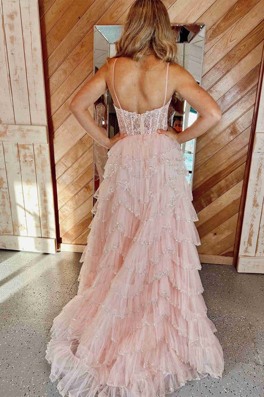 Straps A Line Blush Pink Tulle Layered Long Prom Dresses with Slit, PD25031