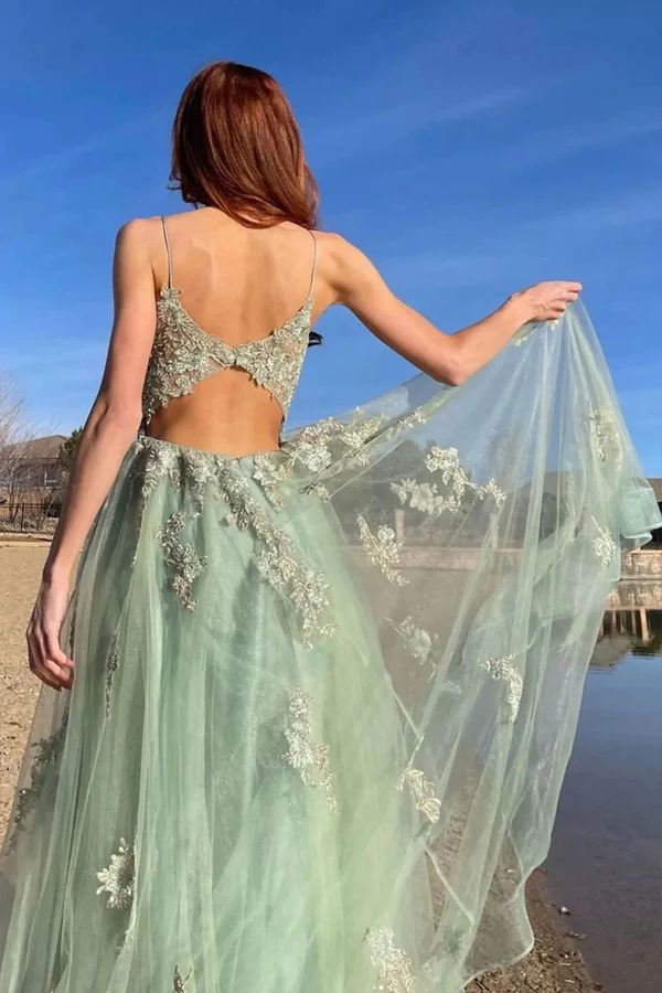 A-Line Mint Green Tulle Prom Dress With Appliques, PD2405011
