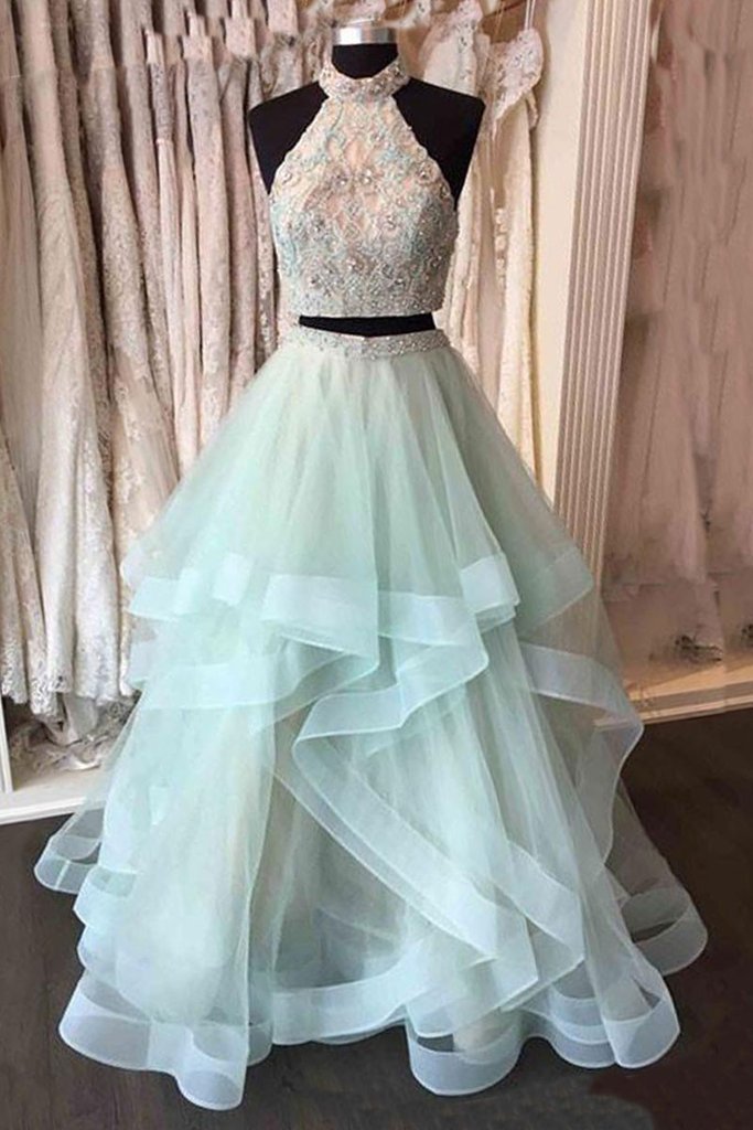 prom dresses mint blue A-line V-neck Mint Blue Long Prom Dresses, Backless Evening Dresses With Split