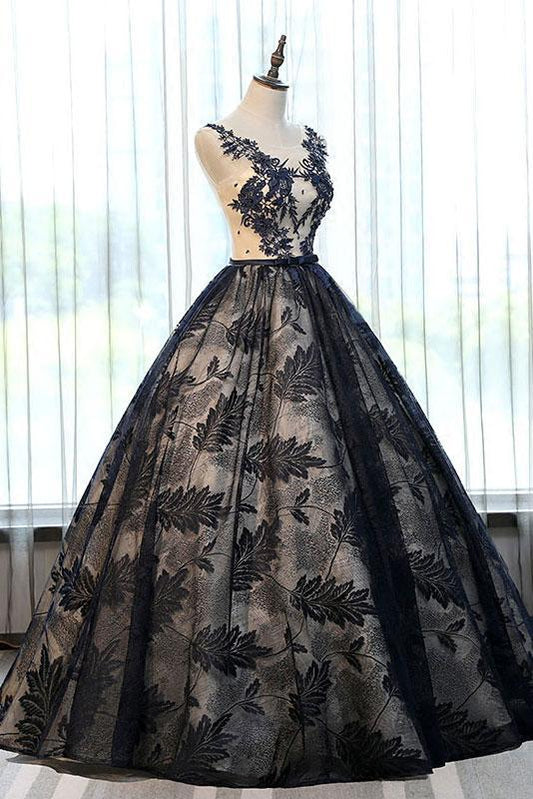 formal A-line black lace long prom dresses, PD7861