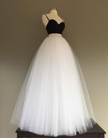 spaghetti straps white and black tulle strapless A-line long prom dress, PD7656