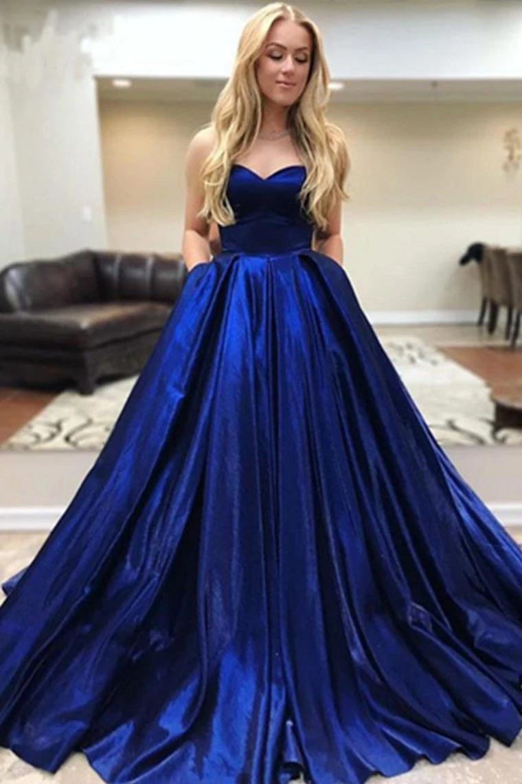 A-Line Satin Sweetheart Strapless Prom Dresses with Pockets | JLDressCA A-Line Satin Sweetheart Strapless Prom Dresses with Pockets | JLDressCA