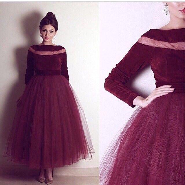 Burgundy Long Sleeves Tea Length Tulle Charming Homecoming Dresses - JLDressCA Burgundy Long Sleeves Tea Length Tulle Charming Homecoming Dresses - JLDressCA