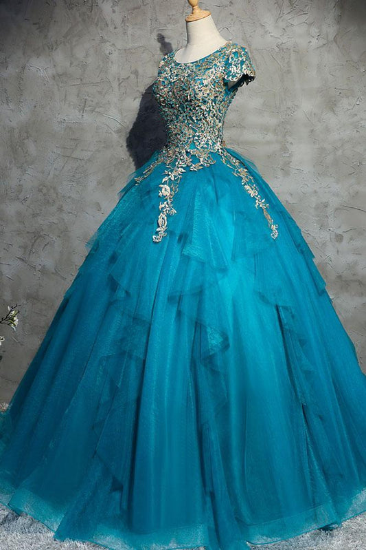 formal short sleeves A-line blue long prom dress, PD7863