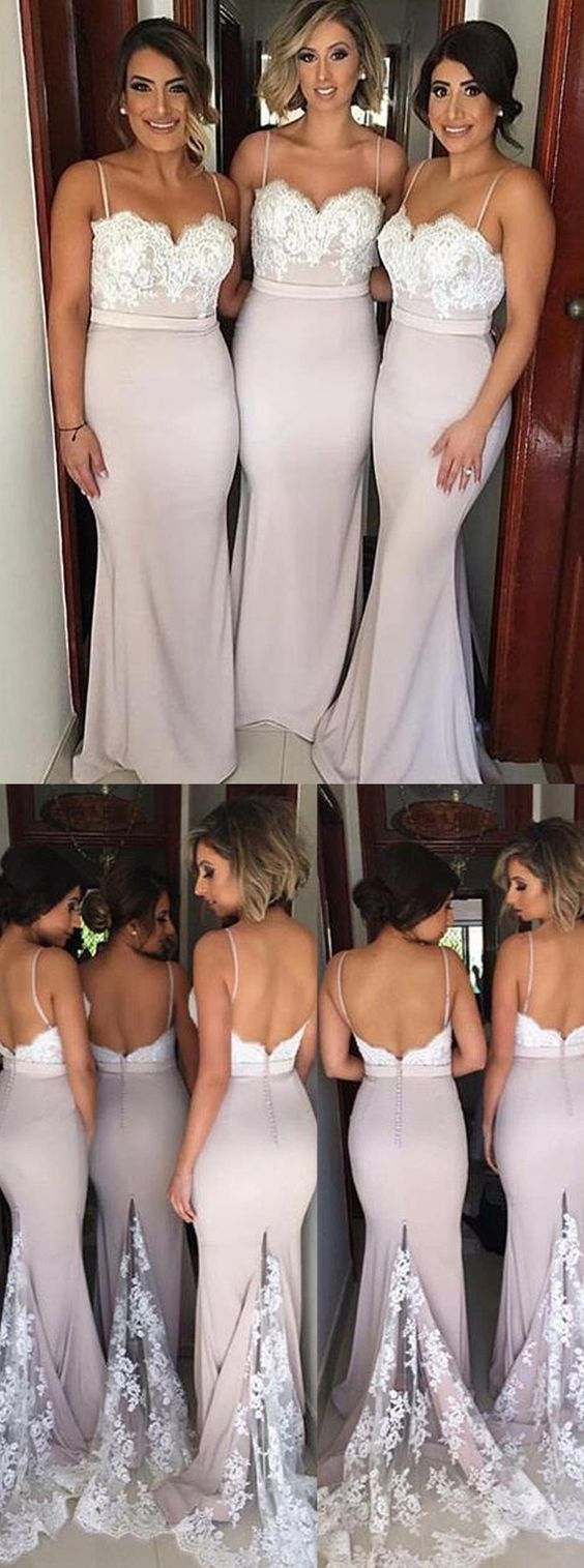 Spaghetti Straps Lace Train Mermaid Long Bridesmaid Dresses - JLDressCA Spaghetti Straps Lace Train Mermaid Long Bridesmaid Dresses - JLDressCA