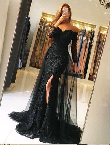 Shop Off-Shoulder Black Lace Side Slit Long Formal Prom Dress - JLDressCA Shop Off-Shoulder Black Lace Side Slit Long Formal Prom Dress - JLDressCA