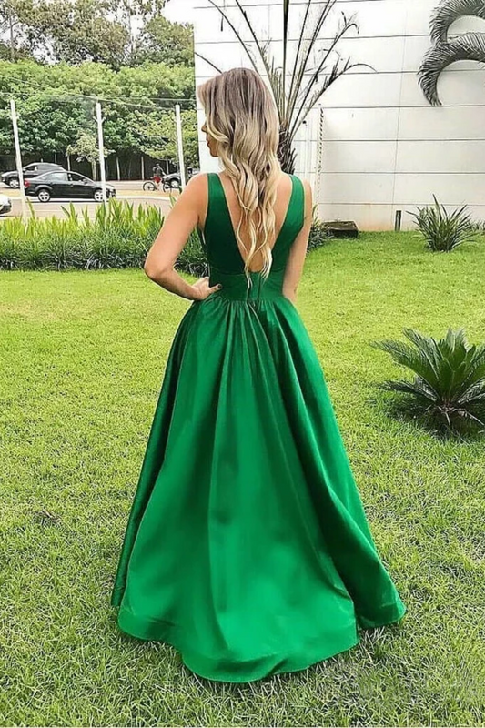 Elegant A Line Sexy V Neck Long Satin Backless Prom Dresses, Evening Dresses,JL20025