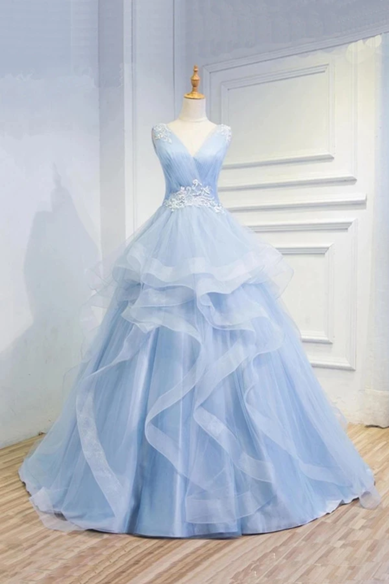 Puffy V-Neck Tulle Prom Dress with Appliques - JLDressCA Puffy V-Neck Tulle Prom Dress with Appliques - JLDressCA
