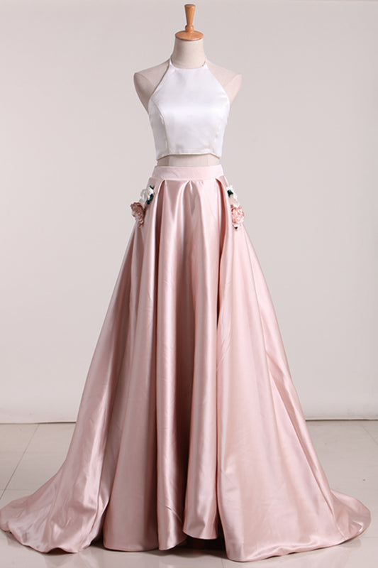 Two-Piece A Line Evening Dresses Halter Satin With Embroidery,JL20057